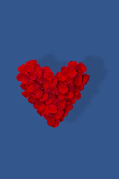 Hjärta gjord av röda rosenblad isolerade på blå bakgrund. Ovanifrån, platt ligg. — Stockfoto