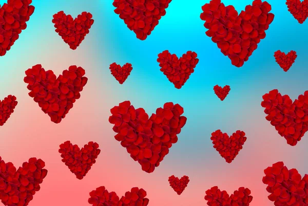 Cartão de Dia dos Namorados com Coração Feita de Pétalas de Rosas Vermelhas Isoladas em gradiente rosa e fundo azul . — Fotografia de Stock