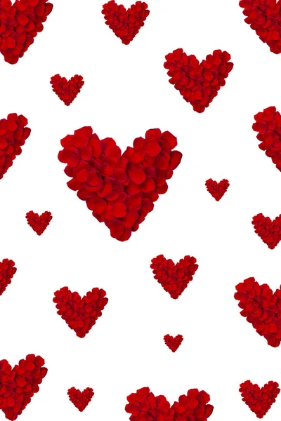 Alla hjärtans dag kort med hjärta gjort av röda rosor kronblad Isolerad på vitt. Vertikal banderoll. — Stockfoto