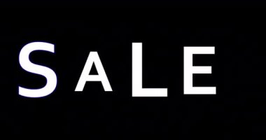 Parlak ışıklı indirimli tabela. Sosyal medya pazarlama reklam kampanyaları için 4K animasyon metni. Siyah arkaplanda beyaz satış sözcüğü canlandırıldı