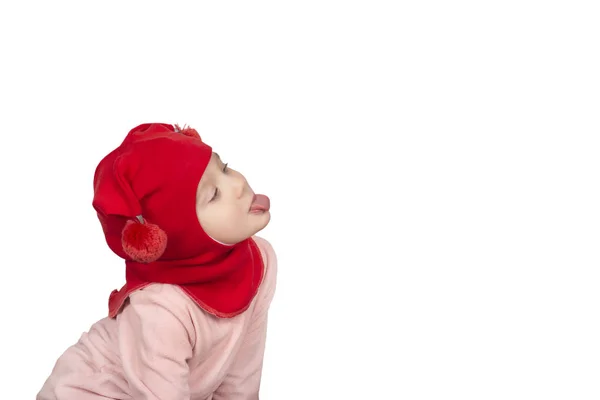 Funny Little Girl Red Wool Winter Balaclava Knitted Cap Making — Stock Photo, Image