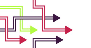 Renkli oklarla yön bulma kavramı. Minimum düz dizaynlı soyut oklar. Şablon ya da uzun pankart. Vektör illüstrasyonu beyaz arkaplanda izole edildi.