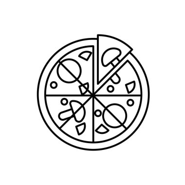 Basit ana hatlı pizza vektör simgesi. Yemek ikonu. Domatesli pizza, mantar, sosis ve bir dilim doğrusal simge.