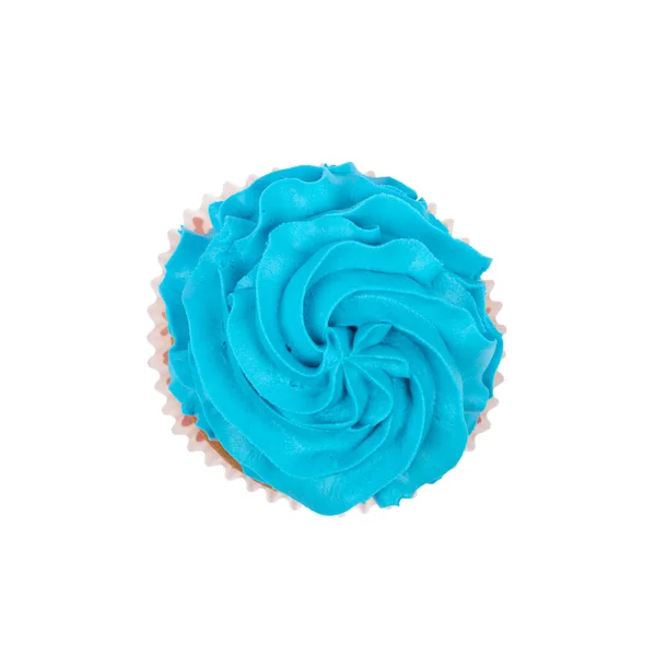 带有明亮蓝色奶油的蛋糕或白色背景的霜冻 顶部视图 — 图库照片