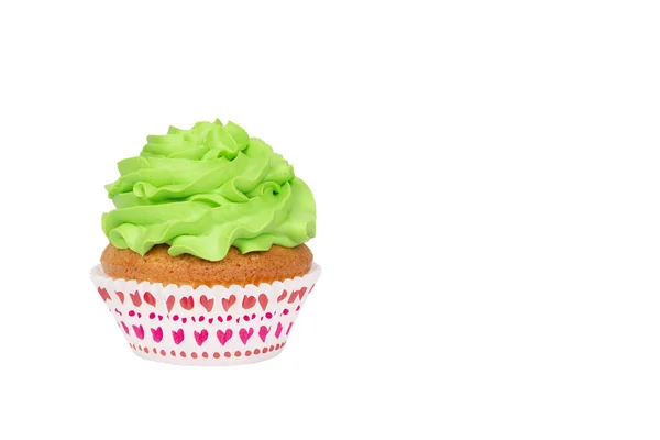 Cupcake Met Felgroene Crème Glazuur Geïsoleerd Witte Achtergrond Begrepen Ruimte — Stockfoto