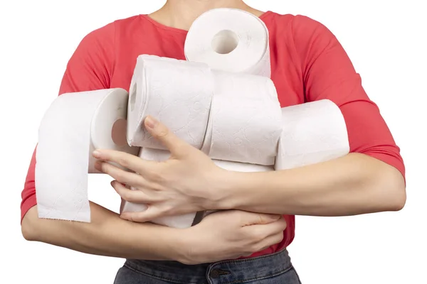 Junge Frau Hält Großen Stapel Toilettenpapierrollen Der Hand Über Das — Stockfoto