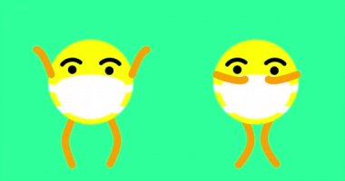 Tek kullanımlık tıbbi maske takan komik yüz ifadeleri ya da emojiler egzersiz ya da dans eder. Evde kal ve egzersiz konseptini uygula. 4k animasyon