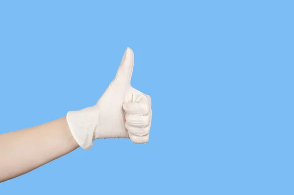 Χειραψία Χέρι Ένα Λευκό Γάντι Λατέξ Δείχνει Αντίχειρες Επάνω Πινακίδα — Φωτογραφία Αρχείου