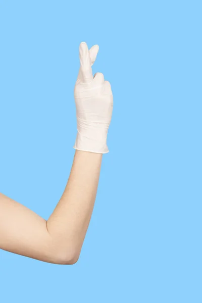 Kézmozdulat Kéz Egy Fehér Latex Kesztyű Mutatja Ujjak Keresztbe Jel — Stock Fotó