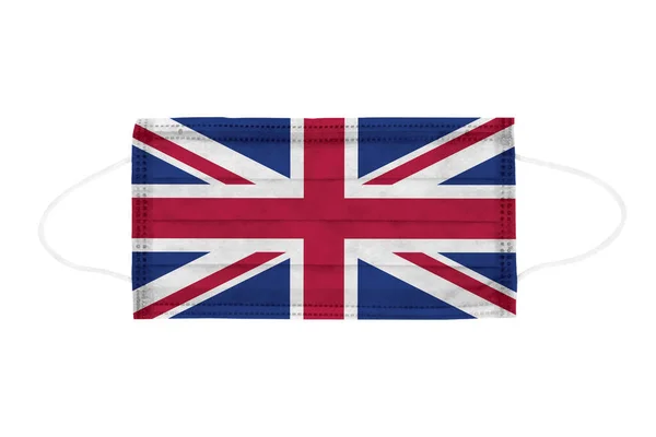 聚丙烯无纺布一次性医疗面罩 白色背景隔离 英国国旗颜色的医疗面罩 — 图库照片