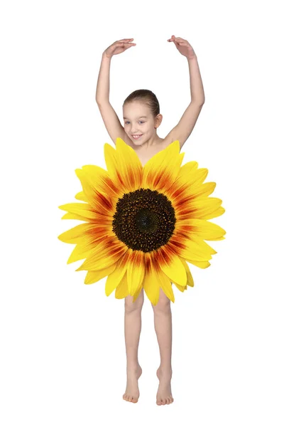 Egy Szőke Kislány Elbújt Egy Virág Mögé Gyönyörű Kislány Napraforgós — Stock Fotó