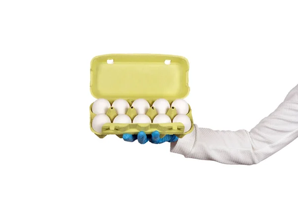 Female Hand Disposable Glove Holds Open Box Eggs Hygiene Kitchen — Stock Photo, Image