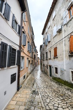 Rovinj, Hırvatistan - 1 Nisan 2020: Hırvatistan 'ın Rovinj kentinde antik yapı cepheleri ve kaldırım taşlarıyla dolu güzel dar bir cadde