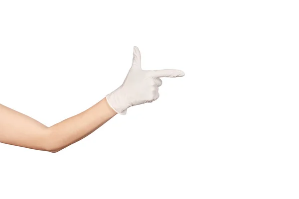 Знак Рука Пальца Вручите Белую Одноразовую Латексную Перчатку Изолированную Белом — стоковое фото