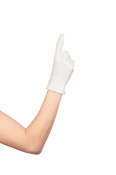 Elini Yukarı Kaldır Beyaza Izole Edilmiş Tek Kullanımlık Bir Lateks — Stok fotoğraf