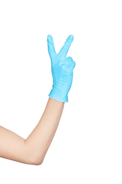Χέρι Χειρονομία Ειρήνης Σημάδι Νίκης Χέρι Ένα Αναλώσιμο Ιατρικό Μπλε — Φωτογραφία Αρχείου