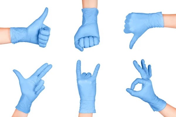 Kéz Gesztusok Készlet Kék Eldobható Latex Sebészeti Kesztyű Elszigetelt Fehér — Stock Fotó