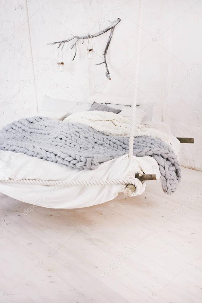Bed, Scandinavian style, gray plaid.