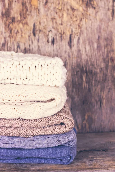 A stack of woolen sweater, plaid — Stock Photo, Image