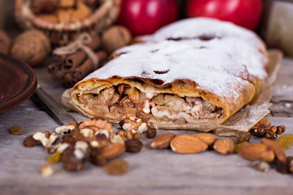 Strudel with apples and nuts.