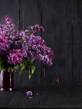 koyu ahşap arka plan üzerinde Eflatun çiçekler