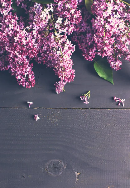 Λιλά λουλούδια σε σκούρο φόντο ξύλινη — Φωτογραφία Αρχείου