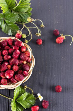 Ahşap arka plan üzerinde taze kırmızı Yaban çilekleri.