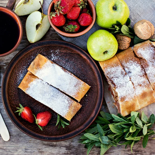 Strudel with apples and strawberries.