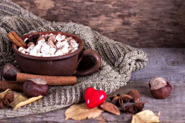 Hot cocoa with marshmallows with spices on the old wooden boards. — Stock Photo, Image