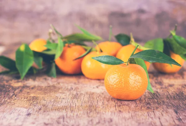 Mandarin. Birçok mandalina ahşap bir masaya yalan. — Stok fotoğraf