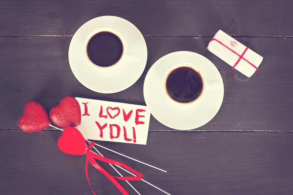 Dva Šálky Kávy Espreso Srdce Kartu Den Svatého Valentýna Dárky — Stock fotografie
