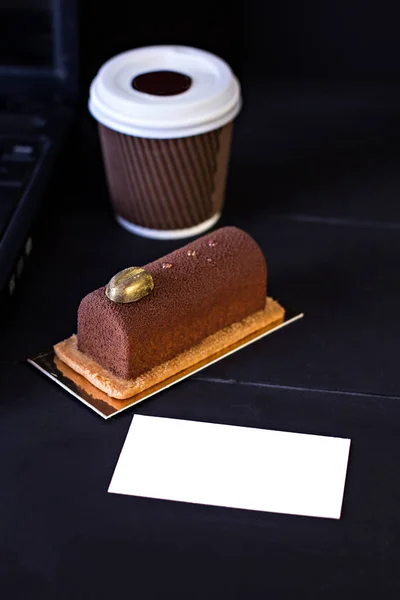 Chocolate cake, Espresso coffee, and a card for your text — Stock Photo, Image