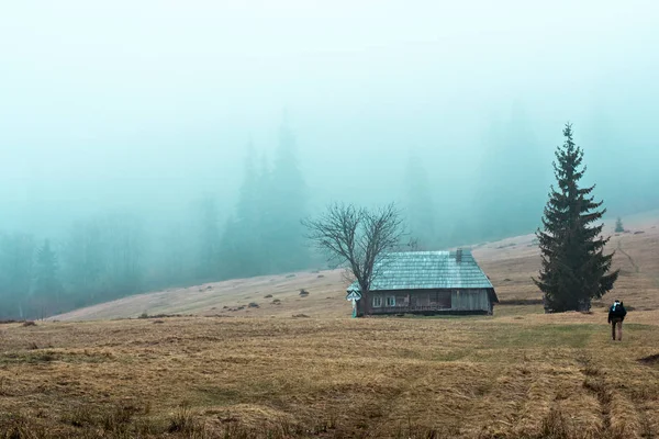 Góry krajobraz we mgle. Dom w górach. Karpaty. — Zdjęcie stockowe