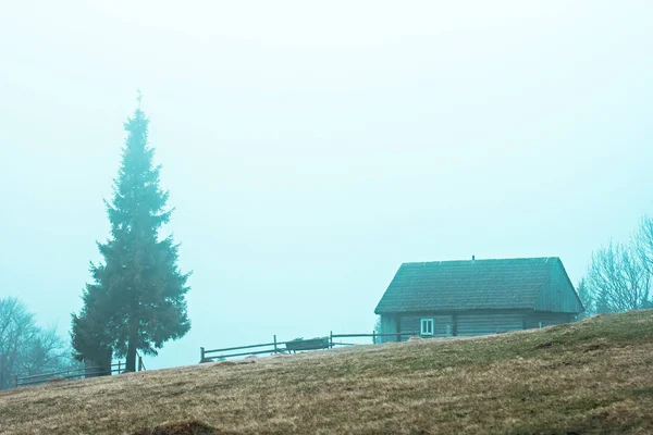 Гірський краєвид в тумані. будинок в горах. Карпатські гори. — стокове фото