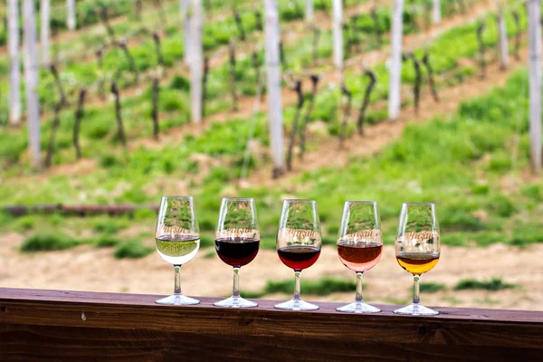 Glasses with wine. Red, pink, white wine in glasses.