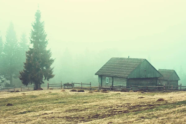 Paisaje de montaña en la niebla. casa en las montañas. Montañas Cárpatas . —  Fotos de Stock