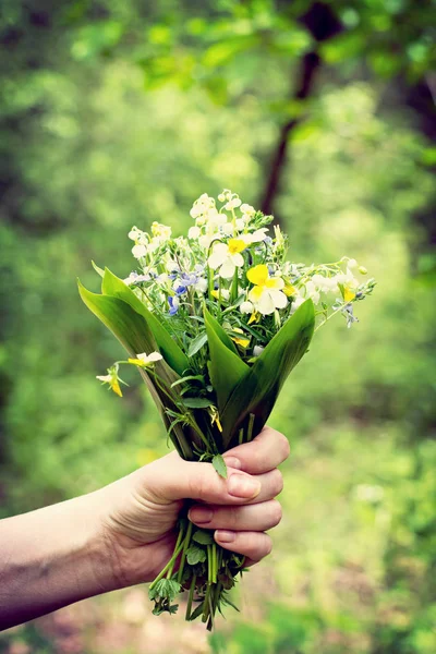 A bouquet of lilies of the valley and forest violets in a woman\'s hand.