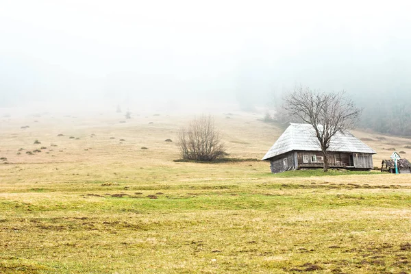 Berglandschap in de mist. huis in de bergen. Karpaten. — Stockfoto