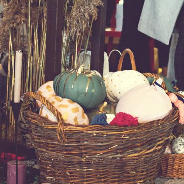 Renkli kabaklar sepetle. Ev dekorasyonu.