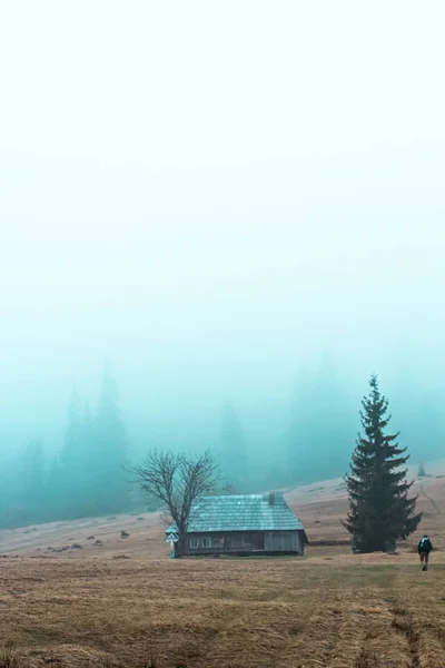 Peisaj montan în ceaţă. Casa din munţi. Munții Carpați . — Fotografie, imagine de stoc