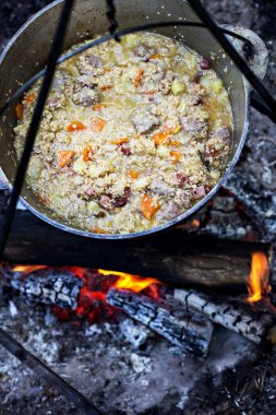 Yulaf lapası ve etli şenlik ateşi. Arkasında dağlar olan geleneksel bir kazanın altında yangın. Yaz kampı kavramı. 