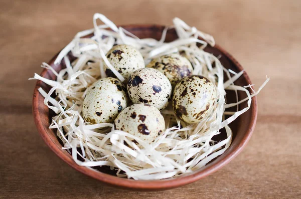 Čerstvé bio Křepelčí vejce v keramické misce. — Stock fotografie