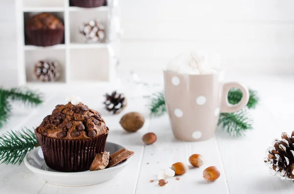 Muffin Boże Narodzenie czekolada i kakao. — Zdjęcie stockowe