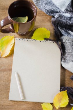 Bir fincan çay ve kroki için boş defter.