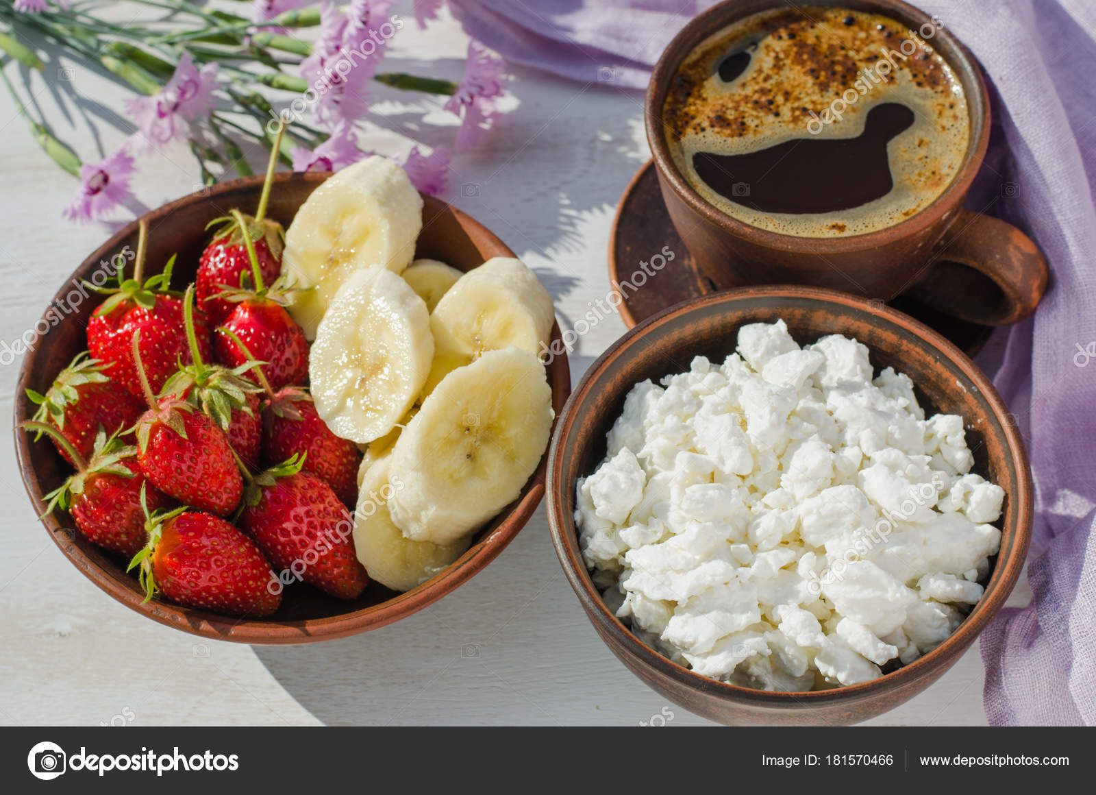 Healthy Breakfast Cottage Cheese With Fruit Stock Photo