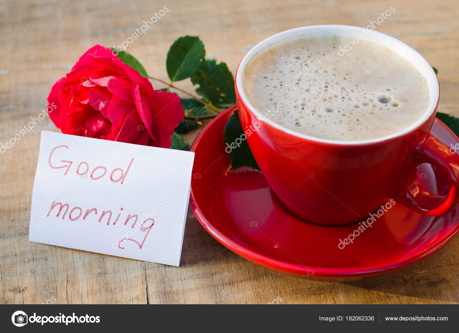 Coffee Cup With Red Rose And Notes Good Morning Stock Photo