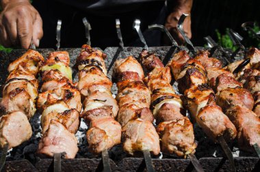 Sulu domuz eti ya da ızgaradaki sığır eti parçacıklarıyla erkek şiş çizer..