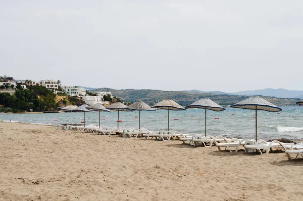 Filas Tumbonas Vacías Sombrillas Playa Día Verano Ventoso Camel Beach —  Fotos de Stock