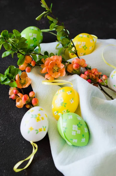 Easter Background Decorative Easter Eggs Blossoming Spring Branch Dark Concrete — Stock Photo, Image