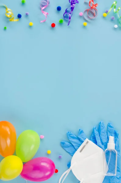 Concept Quarantine Birthday Festive Blue Background Gift Boxes Balloons Medical — Stock Photo, Image